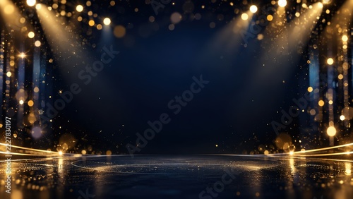 Dark blue stage background with golden spotlight beams, sparkling bokeh, golden dust and glossy reflective floor, empty copy space in the center, concept of festive ceremony, awards and luxury