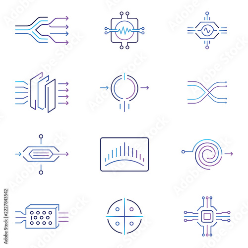 Premium Optical Photonic Waveguide Router And Advanced Silicon Coherent Modulator Line Vector Icon Set
