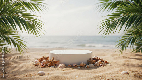 White podium on sandy beach with seashells and palm fronds