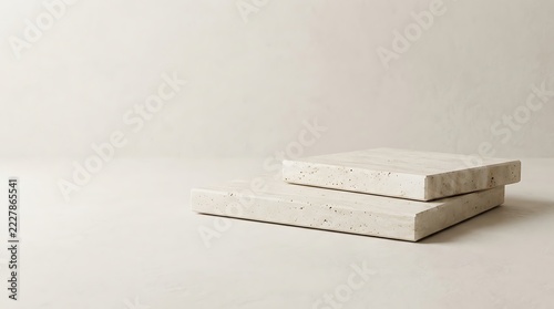 Layered travertine stone slabs podium on neutral beige background for modern product presentation.