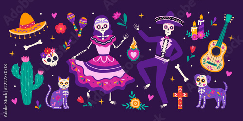 Dia de los Muertos vector set. Cute Mexican Day of the Dead elements with sugar skull, alebrije dog, cat, guitar, maracas and flowers. Vibrant holiday collection for festive design and greeting cards.