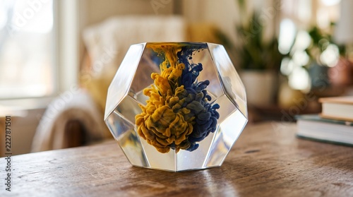 Dodecahedron paperweight with swirling yellow and blue ink on wooden