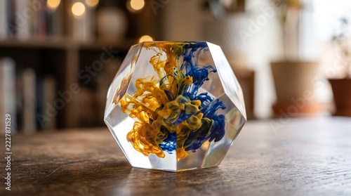 Dodecahedron resin paperweight with swirling blue and yellow ink on