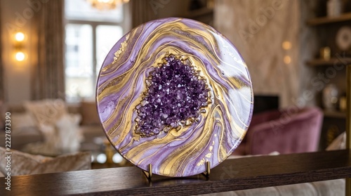 Resin marble table decor with amethyst crystal centerpiece on wooden