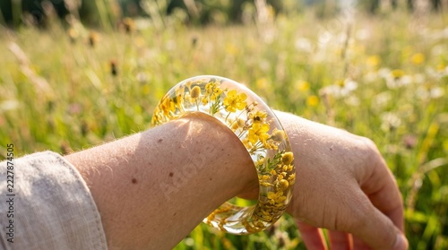 Resin bracelet with preserved wildflowers displayed on wrist in
