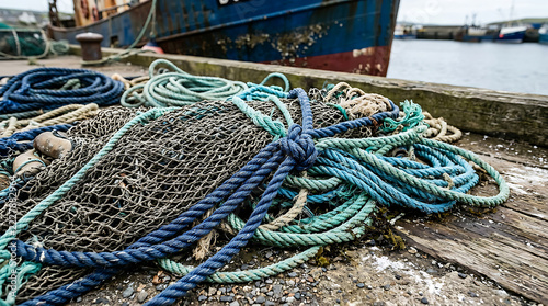 Close up of blue fishing nets and ropes piled on a wooden dock in a harbor with a trawler background