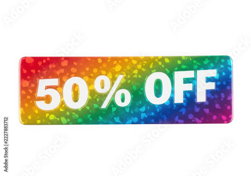 Fifty percent off sale tag with a shiny colorful rainbow glitter texture isolated on transparent background