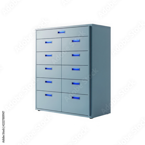 Grey metal office filing cabinet with multiple drawers for document storage isolated on transparent background