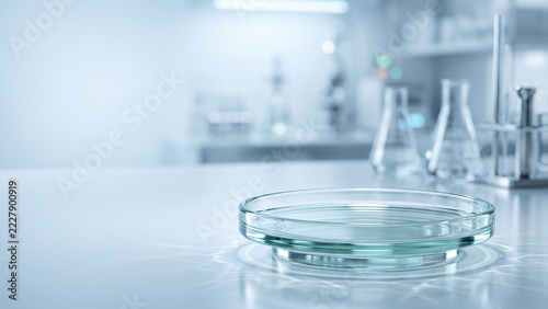 Glass petri dish podium submerged in clear water ripples with copy space