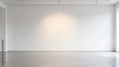 Overhead spotlight beam illuminating empty white art gallery wall with copy space