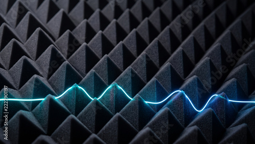 Sound wave frequency over geometric triangular soundproof acoustic foam panels with copy space