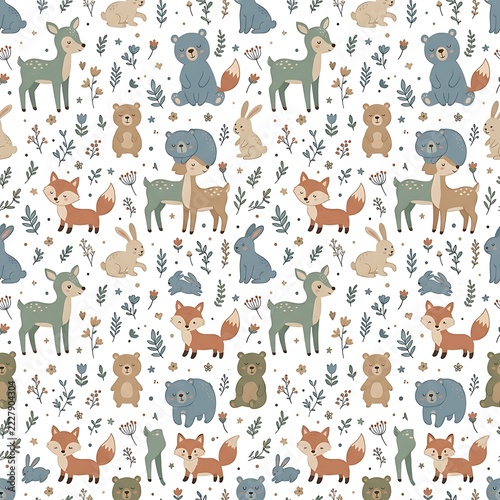 Cute forest animals pattern with deer bears rabbits foxes on floral