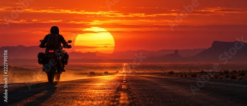 Motorcycle rider traveling empty desert highway toward giant glowing sun at vivid orange sunset