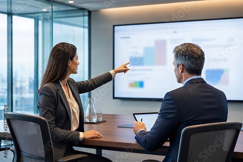 Corporate professionals reviewing business presentation data on a large screen in a modern office boardroom