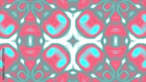 Vibrant abstract kaleidoscope pattern with glowing pink and turquoise symmetrical shapes.
