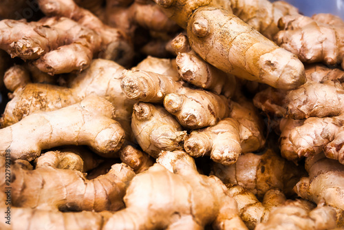 Close up of ginger root in a market.