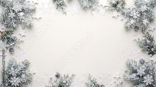 Winter holiday frame featuring frosted pine branches and white wooden stars arranged neatly surrounding a blank center space