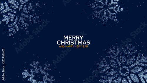 Merry Christmas and Happy New Year greeting with dotted snowflakes on navy blue background. Holiday card design. Seasonal celebration and winter greeting. Festive banner with copy space.