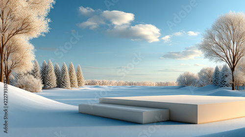 Minimalist white circular podium standing on a snow-covered ground surrounded by a frozen forest under a clear blue sky, creating a conceptual winter product display