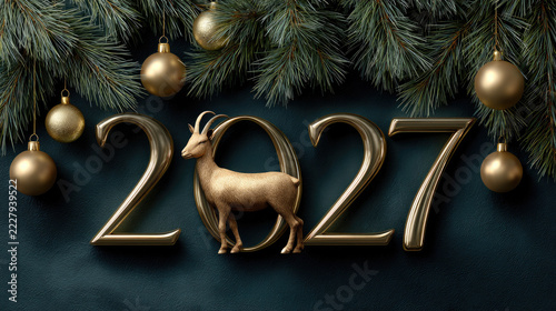 Golden 3d numbers forming 2027 with a graceful deer sculpted as the zero, set on dark teal with fir branches, baubles and soft bokeh, symbolizing festive hope and prosperity