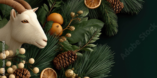 White goat surrounded by lush green pine branches, festive pine cones, delicate white flowers, and winter berries, creating a natural decorative composition