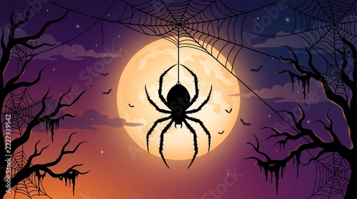 Spooky Halloween background with a large spider hanging on a web against a full moon and dead trees