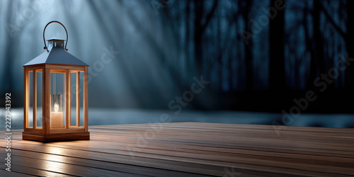 Glowing lantern sits on rustic wooden planks, casting warm light amidst falling snow and shimmering golden particles against a dark, atmospheric background with copy space