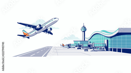 Flat vector illustration of an airplane taking off from a modern airport terminal EPS10 Stock.eps