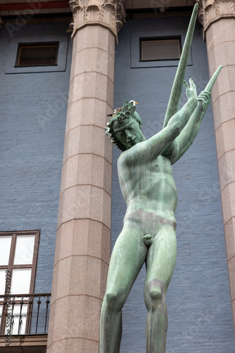Stockholm, Sweden - July 25, 2023: Bronze fountain, the Orfeus-brunnen by Carl Milles in front of the entrance to the Stockholm Concert Hall