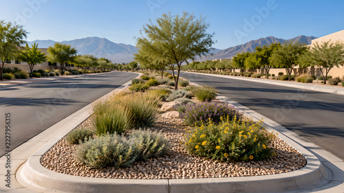 Gravel planted road median with drought tolerant shrubs and grasses