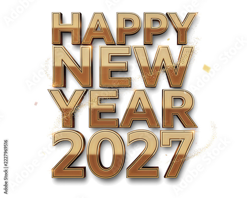Three-dimensional gold metallic text reading happy new year 2027 with sparkling glitter particles and light flares isolated on a transparent background