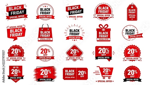 Black Friday special offer labels and 20 percent off discount badges