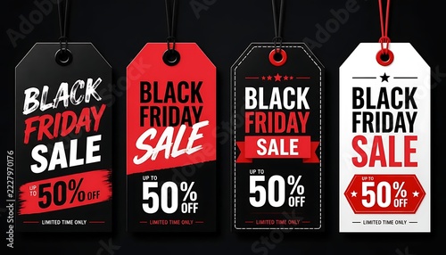 Black Friday sale hanging price tags with up to 50 percent off text