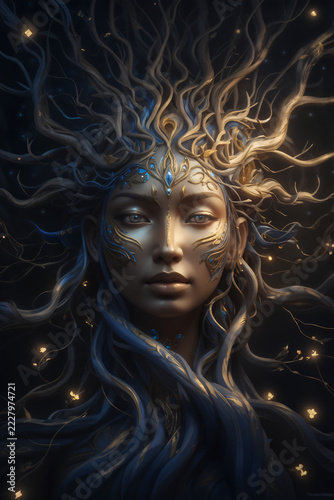 art portrait of beautiful   Eyva tree- goddess. close up. Digital artwork. Ai generated