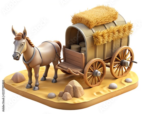 Brown donkey pulling wooden wagon with hay