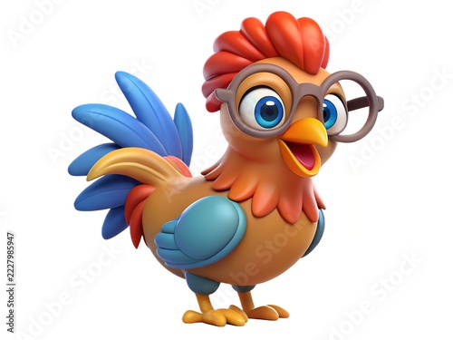 Cartoon rooster wearing glasses smiling happily