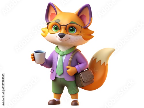 Cartoon fox wearing glasses holding coffee cup