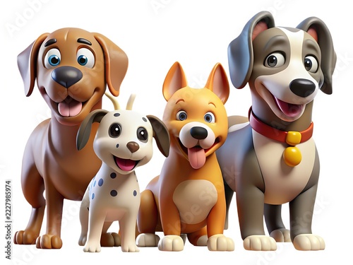 Four cartoon dogs smiling together happily