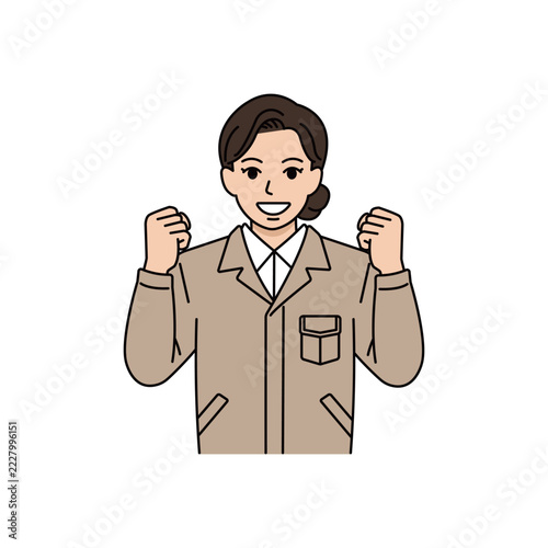 両こぶしを握ってガッツポーズで意気込むベージュ作業着の女性上司イラスト