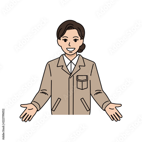 両手を広げて歓迎や案内をするベージュ作業着の女性上司イラスト
