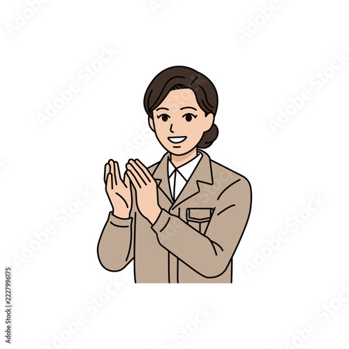 笑顔で拍手や賞賛を送るベージュ作業着の女性上司イラスト