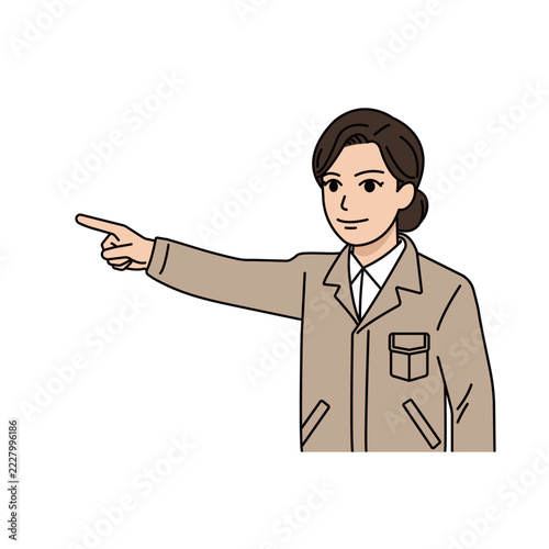 前方を指さして方向指示や案内をするベージュ作業着の女性上司イラスト