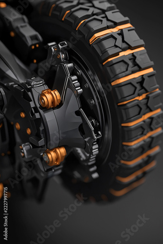 Close view of a black off-road vehicle tire and wheel assembly with orange accents