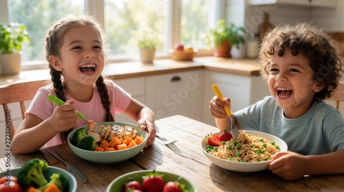 Happy diverse kids eat healthy meal at wooden table in bright kitchen. Boy, girl laugh enjoying tasty food like pasta, broccoli, vegetables. Joyful children fun lunch time at home with organic