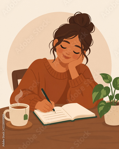 Emotional Journaling and Mindful Self Care - Woman Writing in Notebook with Hot Tea and Houseplant, Cozy Earth Tone Flat Illustration