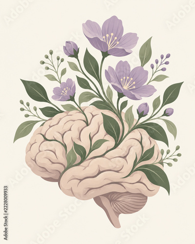 Mental Wellness and Inner Growth - Human Brain Blooming with Lavender Flowers and Green Leaves in Minimal Botanical Flat Illustration