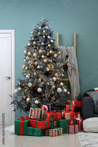 Christmas celebration and holiday season, decorated fir tree with ornaments a...