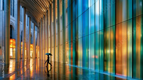 Person with umbrella walking through modern glass arcade in rain with colorful reflections