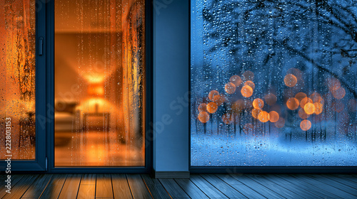 Warm lamp glowing behind window with snowy winter reflections and soft bokeh