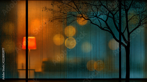 Tree silhouette and warm lamp behind textured glass in moody evening interior